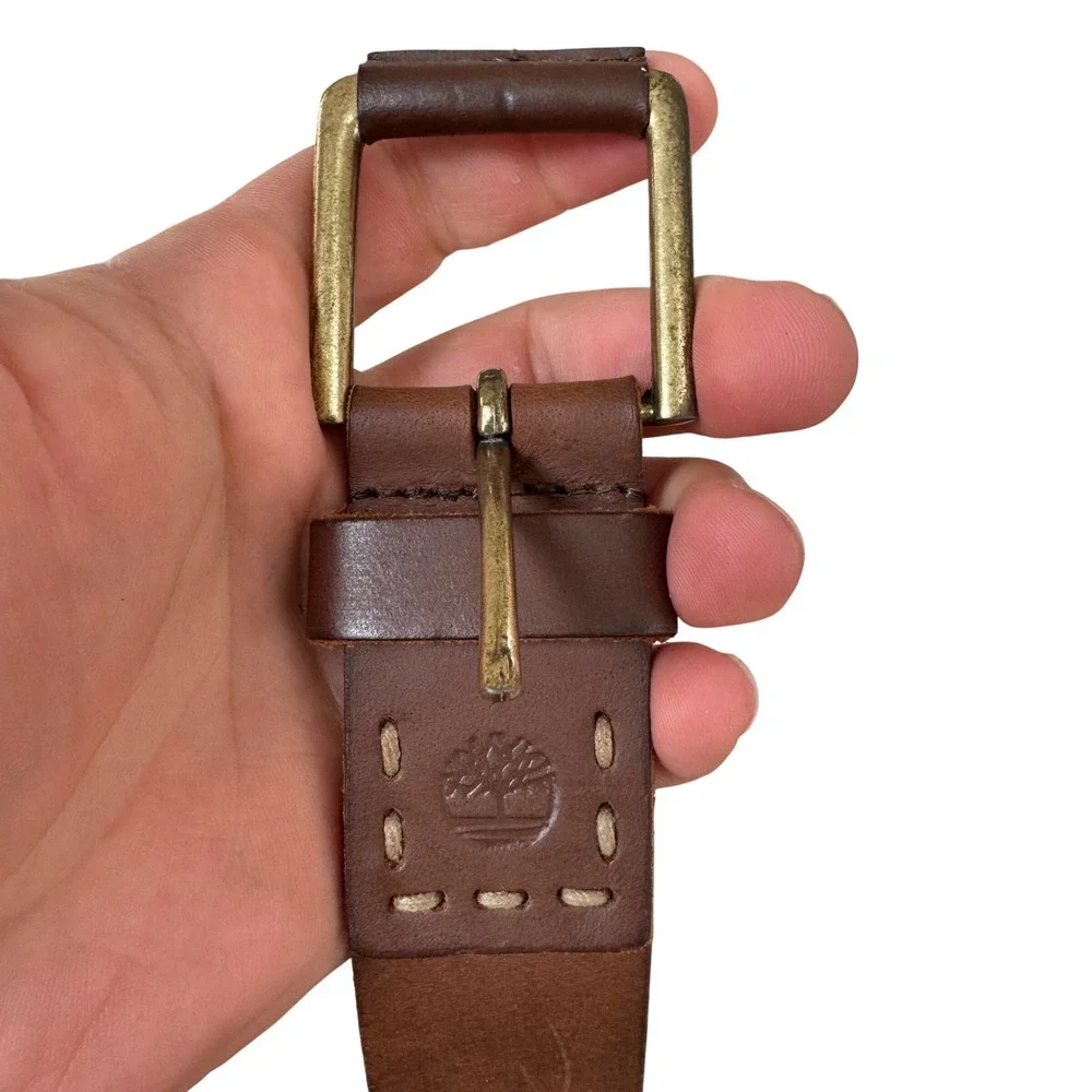 Timberland Mens‎ Brown Genuine Leather Belt Size 36 Brass Buckle Logo Embossed